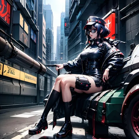 an older anime girl with black hair wearing dark green full retro military uniform that has a bit of orange also wearing military hat and black aviator glasses, badass anime 8 k, female dark sci fi anime girl, digital cyberpunk anime art, cyberpunk anime g...