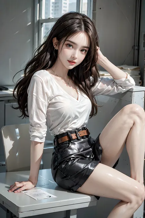 ((full body)), ((from side)), ((realistic)), 1girll, posed for photo, inside in room, desks, Sit Pose, pretty legs, The upper body leans forward slightly, looking at viewert, Detailed scenes, curlies, Air bangs, Beautiful hair accessories, Brownish-yellow ...