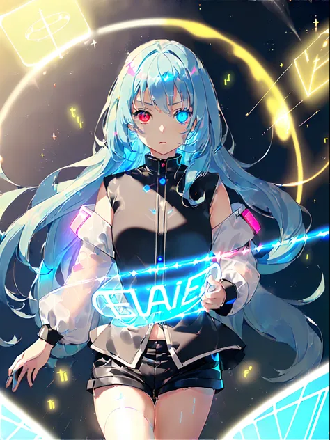 ((masutepiece)), ((Best Quality)), ((Delicate Light)), ((delicate illustration)), (One girl, About 10 years old, Blue hair, Long hair, Futuristic clothing, black parker, Black shorts:1.2), (Heterochromic, Blue Eye, Red Eye:1.4), (serious facial expression,...