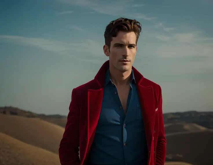 Un homme en rouge, photo dans le style de Patrick Demarchelier. 
(Dressed in a red velvet jacket and blue jeans:1.2), Grand et en forme, (40 ans :1.3), (shaven:1.2), (very short brown hair:1.3), ((very short hair:1.3)). 
in the style of ethereal beauty, Re...