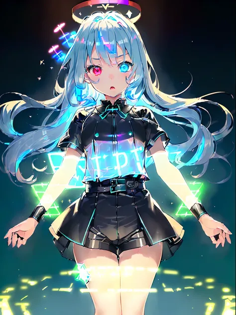 ((masutepiece)), ((Best Quality)), ((Delicate Light)), ((delicate illustration)), (One girl, About 10 years old, Blue hair, Long hair, Futuristic clothing, black parker, Black shorts:1.2), (Heterochromic, Blue Eye, Red Eye:1.4), (serious facial expression,...