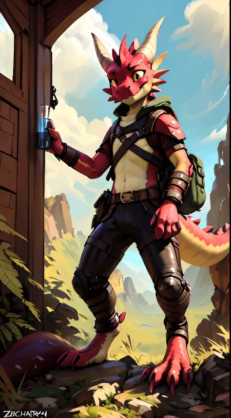 (((by zackary911, by kenket, by kilinah))), solo male (((kobold)), (detailed kobold)) wearing leather armor, muscular toned, squ...