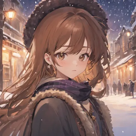 1girl, solo, brown hair, scarf, hat, jewelry, long hair, earrings, looking at viewer, realistic, lips, snow, winter clothes, snowing, brown eyes, closed mouth, checkered clothes, beanie,girl,xqx,