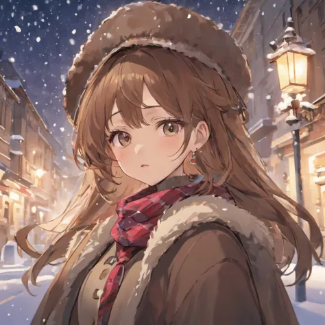 1girl, solo, brown hair, scarf, hat, jewelry, long hair, earrings, looking at viewer, realistic, lips, snow, winter clothes, snowing, brown eyes, closed mouth, checkered clothes, beanie,girl,xqx,