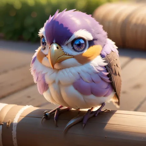 Close up Cute baby bird con tonos de color morado. posado en una rama. perfil.  Estilo disney