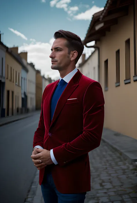 Un homme en rouge, photo dans le style de Patrick Demarchelier. 
(Dressed in a red velvet jacket and blue jeans:1.2), Grand et en forme, (40 ans :1.4), (shaven:1.2), (light brown hair very short:1.3), ((very short hair:1.3)). 
in the style of ethereal beau...