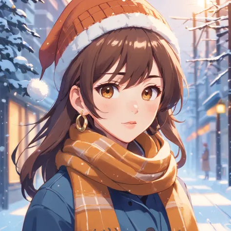 1girl, solo, brown hair, scarf, hat, jewelry, long hair, earrings, looking at viewer, realistic, lips, snow, winter clothes, snowing, brown eyes, closed mouth, checkered clothes, beanie,girl,xqx,