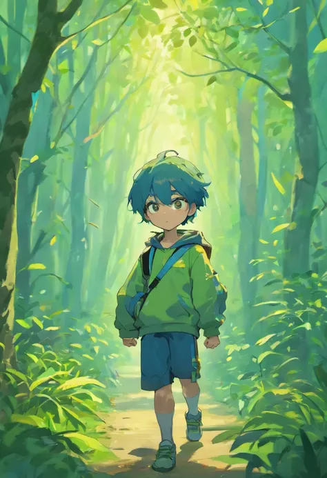 imagem menino 9 anos idade, cabelos pretos, roupa azul, tenis, mochila escolar, observa passarinhos e coelhinhos na floresta, floresta verdejante, bela, Arte infantil em Artstation, mobile game art, arte digital detalhada bonito,
illustration of childrens ...