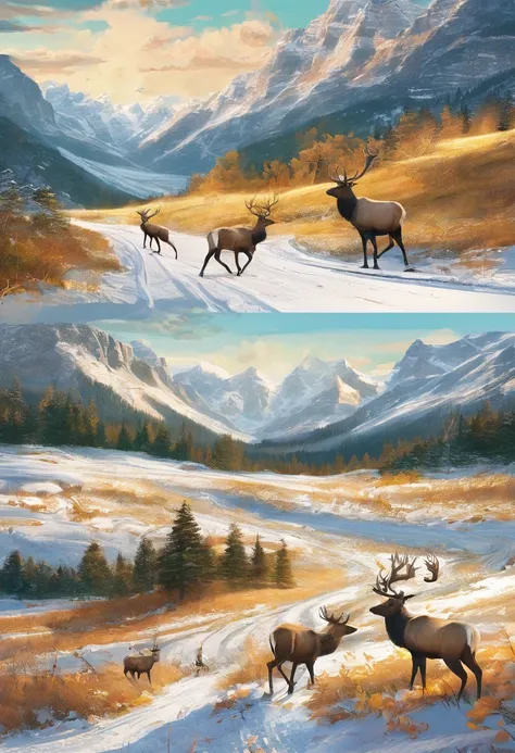 Six elk pulling a sled，Joyfully galloping through the snow，Realphotos, Photography, 65° viewing angle, Realistic light and shadow, En plein air, Close-up, Lawn, Sunnyday, simple background, Flowers, green trees, realistic detail, 8K HD pictures, Round plat...