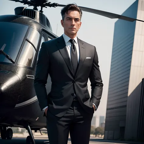 Businessman, 30years.pa, Beautiful black suit, Stand next to a luxury helicopter, looking up at the camera