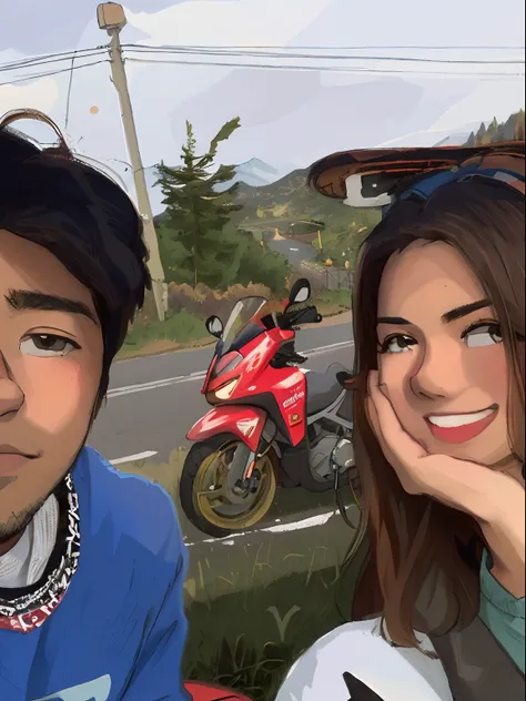 they are sitting on the grass next to the road and a motorcycle, with sunset, taken at golden hour, taken on go pro hero8, couple, with mountains in the background, during sunset, night!, profile picture, selfie photo, shot at golden hour, 😭 🤮 💕 🎀, with wa...