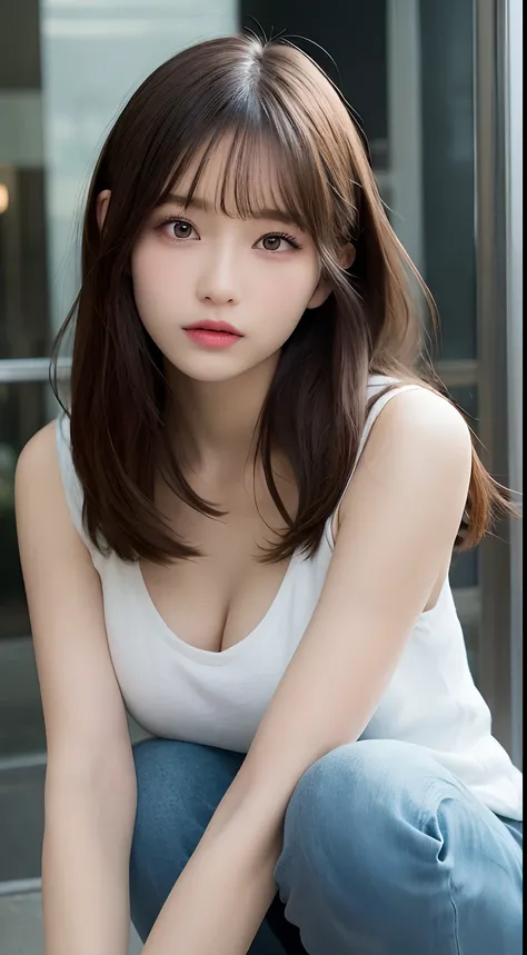 finely detail, hight resolution, hightquality、Perfect dynamic composition, Beautiful detailed eyes, Medium Hair, Colossal tits 、Natural Color Lip, Squatting,Kamimei、Shibuya、college aged、1 persons、Transparent skin、Glowing hair、masutepiece, Best Quality, Ill...