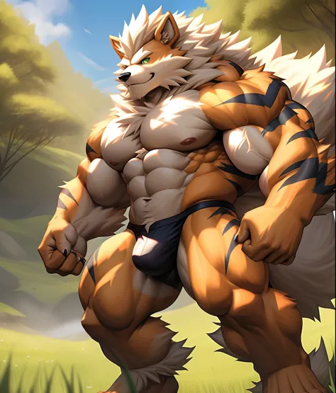 nj5furry, (arcanine, massive, huge), arcanine, ((extremely realistic shadows, masterpiece, extremely detailed, photorealistic)), kemono, pokémon, green eyes, wearing a tiny thong revealing huge muscular thighs, bulge in the crotch, Meadow. Height 185 cm, t...