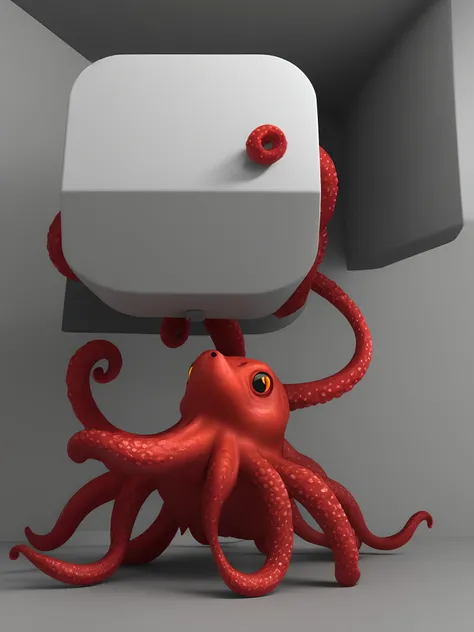 A super realistic 3D render digital art of a monster red octopus sitting in a gray cube being filmed from a bottom-up angle.