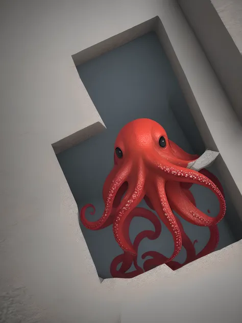 A super realistic 3D render digital art of a monster red octopus sitting in a gray cube being filmed from a bottom-up angle.