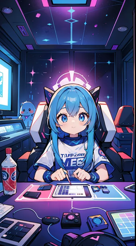 Gamer girl decorates game room with RGB lights. She enjoys choosing the perfect color and effect. She cant wait to start a new game, Colorful space.