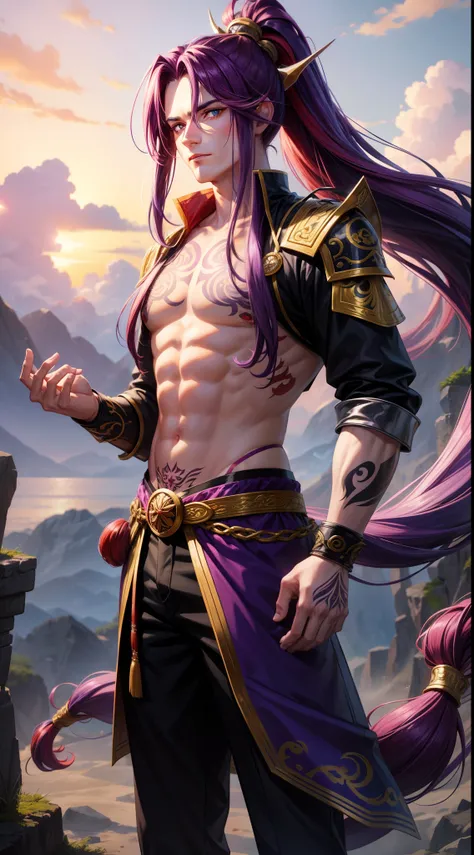 Grown-up guy, long purple hair, Part of the hair is gathered in a high ponytail, Heterochromia, The left eye is purple, Red right eye, The Monkey Kings Armor, open torso, lots of tattoos, clouds beneath your feet, Masterpiece, hiquality, 4k, HD, Good detai...