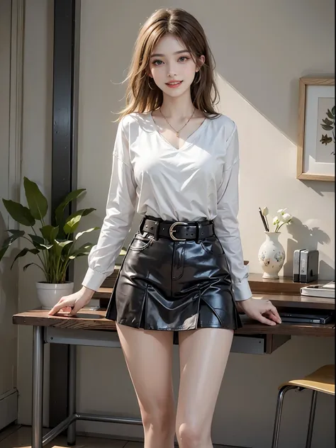 ((full body)), ((from side)), ((realistic)), 1girll, posed for photo, inside in room, desks, Stand up, Pleasing posture, amazing pose, pretty legs, looking at viewert, Detailed scenes, curlies, Air bangs, Beautiful hair accessories, Brownish-yellow hair, l...