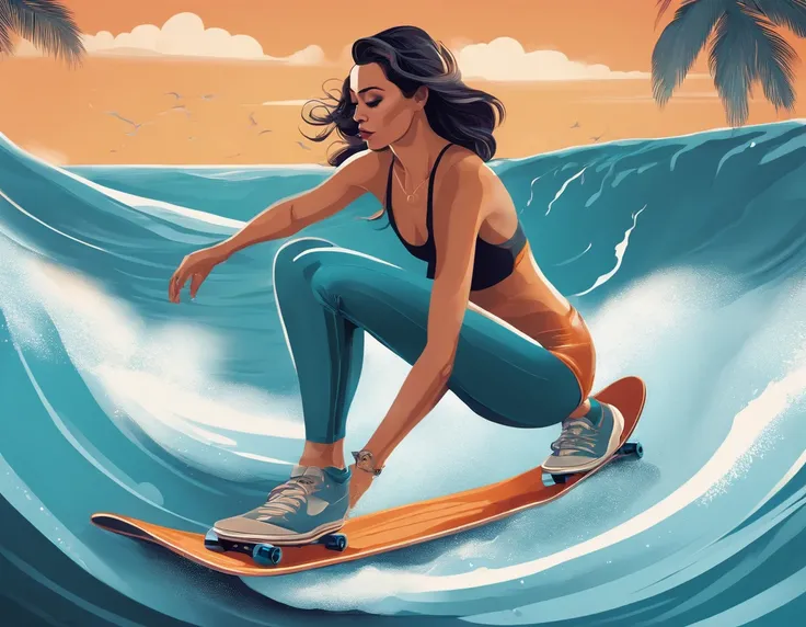 there is a woman riding a skateboard on a wave, jen bartel, in style of cyril rolando, cyril rolando and goro fujita, inspired by Cyril Rolando, in style of digital illustration, illustration style, stunning digital illustration, vector art style, stunning...