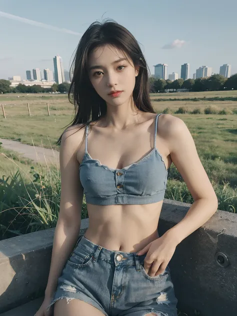 (8K, Raw photo, Photorealistic: 1.25)，16 K，Beautiful skyline：1.5, Large grasslands：1.5, Girl in torn crop top and tormented blue denim shorts, Perfect body: 1.4, Slim abdomen: 1.2, Very small cleavage,Model body type、gradation hair