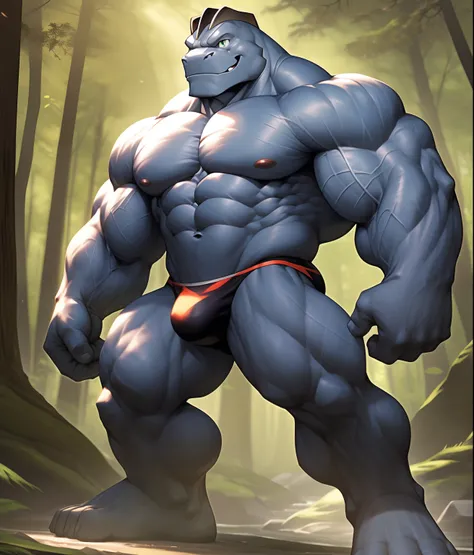 nj5furry, (machoke, massive, huge), machoke, ((extremely realistic shadows, masterpiece, extremely detailed, photorealistic)), kemono, pokémon, green eyes, wearing a tiny thong revealing huge muscular thighs, bulge in the crotch, forest. Height 185 cm, the...