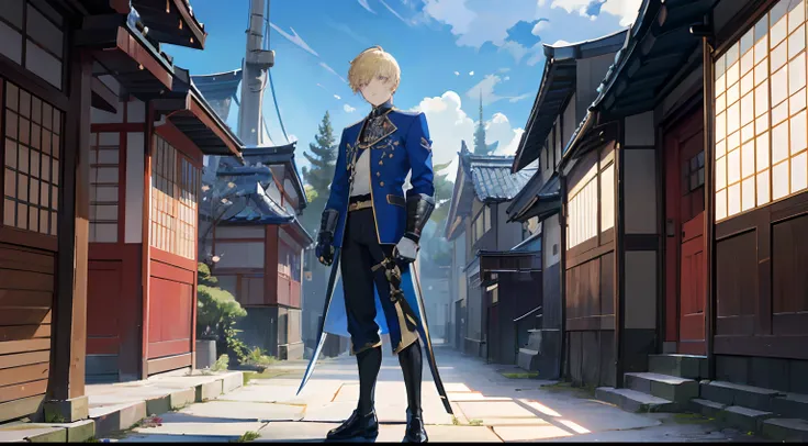 masterpiece, best quality, high quality, 1boy, solo, male focus, looking at viewer, full body, depth of field, short blonde hair, blue jacket, black shoes, a pair of gauntlets, a traditional old fashioned Japenese house in the background, holding a blue lo...