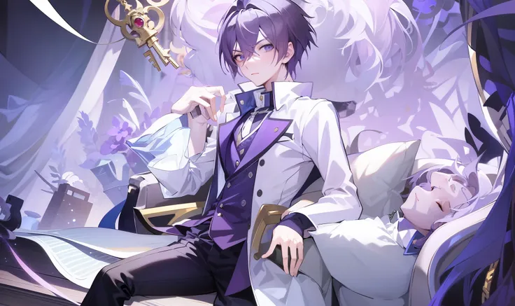 anime anime character sitting in bed with a key in his hand, key anime art, detailed key anime art, keqing from genshin impact, anime key visual of elegant, dapper dream demon, he is in a alchemist lab, inspired by Okumura Masanobu, zhongli from genshin im...