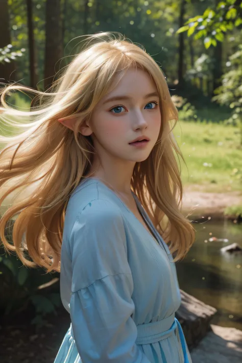 Masterpiece,best quality,ultra detailed,fantasy,cute face,elf,blond hair,blue eyes,floating hair, outdoors, wind,blush,natural lighting,in a forest,wide shot,lake