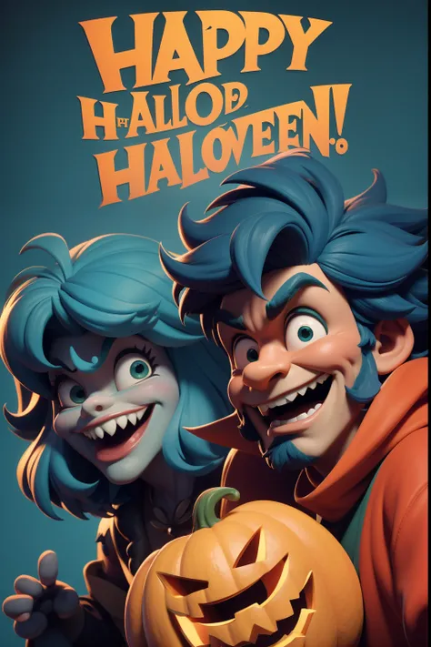 Happy Halloween. Poster. Announcement. Funny cheerful wild shaggy characters in the style of a 3D Disney cartoon. Close-up. Blurred blue-green-red background. Studio lighting. Light haze.