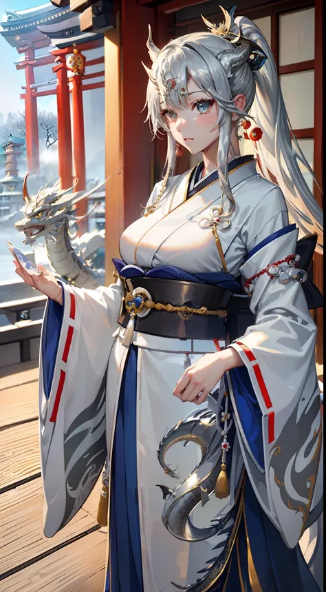 ((8K))、((32K))、((​masterpiece))、((top-quality))、((超A high resolution))、((Stylistic image of a Japan priestess dressed as a silver dragon))、((Japan details))、((Highly detailed priestess costume))、((highly intricate detail))、detailed skin textures、Detailed C...