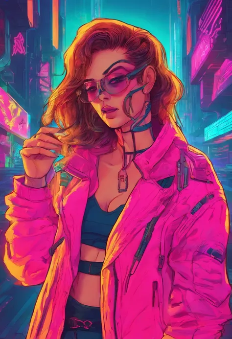 Beautiful girls in the future, neon retro cyberpunk