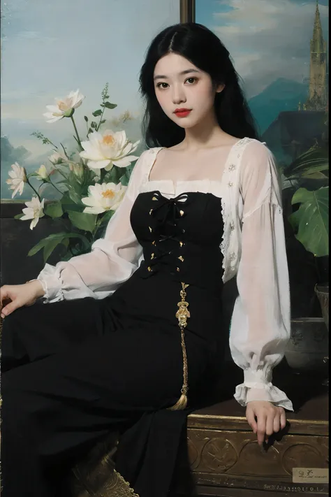 (Oil painting: 1.5),



A woman with long black hair and white flowers in her hair sitting in a lotus flower, white blouse, cyan skirt (Amy Saul: 0.248), (Stanley Atger Liu: 0.106), (a detailed painting: 0.353), (Gothic art: 0.106)