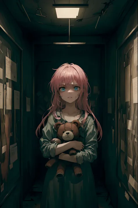 1girl, pink hair, blue eyes, (cowboy_shot:1.2), face focus, long hair, sidelocks, scared,(terrified:1.1) expression, holding teddy bear, atmospheric lighting, moody, darkness, in an old abandoned museum, transparent glass display cases filled with interest...