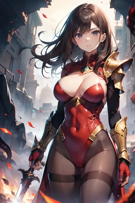 top-quality、Full limbs、complete fingers、Slender beauty、straight haired、Brown hair、(Red High Neck Long Sleeve Leotard:1.3)、Golden emblem on leotard、(Brown pantyhose:1.3)、red cloak、Western armor、Iron breastplate、Iron shoulder rest、Iron Gauntlet、Iron shin pad...