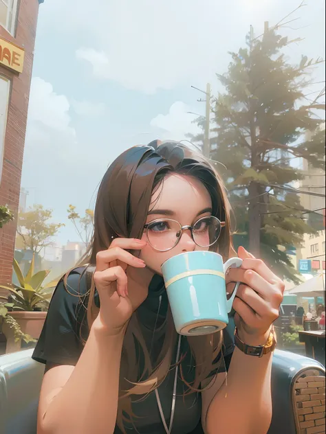 woman with glasses drinking from a cup in a patio setting, drinking a coffee, drinking coffee, drinking a cup of coffee, is ((drinking a cup of tea)), sitting in a cafe, drinking coffee at central perk, drinking tea, enjoying coffee at a coffee shop, with ...