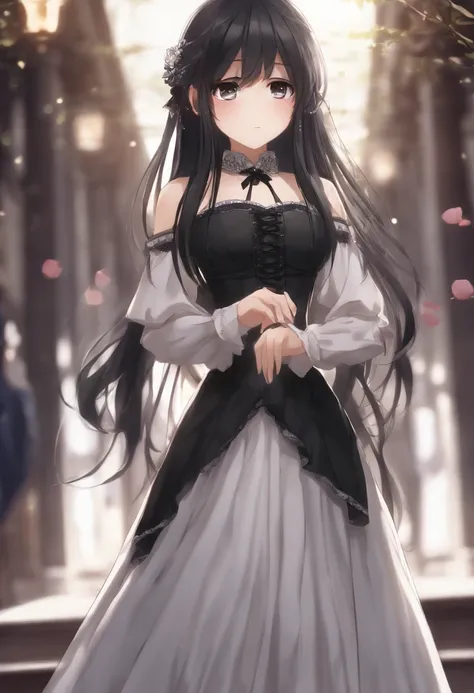 anime girl with long black hair and a corset dress, an anime drawing inspired by Jin Homura, pixiv, shin hanga, seductive anime girl, anime girl with long hair, cute anime waifu in a nice dress, gothic maiden anime girl, (anime girl), female anime characte...