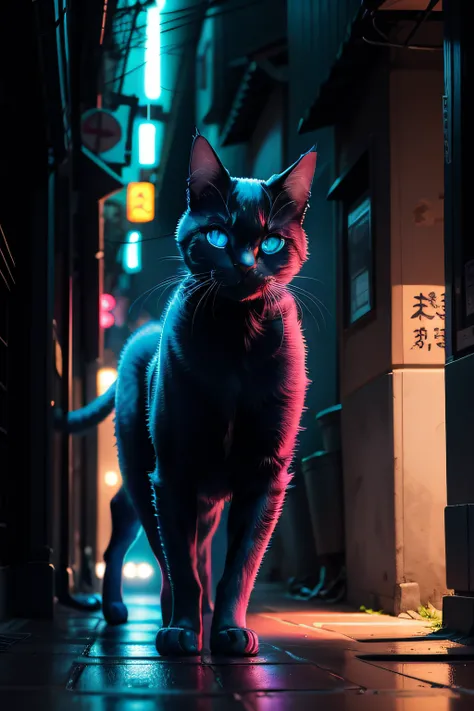 Neon Cat、It is a special cat with a bright blue coat that is said to glow brightly at night.. It roams the dark corners and alleys of the city, Helping those in need. Its presence gave hope and courage to many.