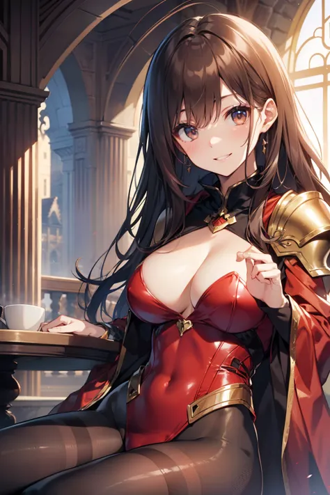 top-quality、Full limbs、complete fingers、Slender beauty、straight haired、Brown hair、(Red High Neck Long Sleeve Leotard:1.3)、Golden emblem on leotard、(Brown pantyhose:1.3)、red cloak、Western armor、Iron breastplate、Iron shoulder rest、Iron Gauntlet、Iron shin pad...