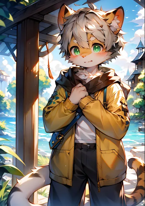 （catss，Gray hair and green pupils，Yellow and white coat color，adolable，vivaciousness，Libido boy，underage,Wear a sweatshirt with a pink pattern，lively and lovely，shorter pants, Wind element，shaggy），Digital artwork with cinematic lighting.A boy，Monosomy anth...