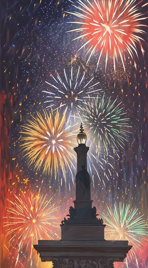 (painting:1.3) of (realistic:1.3),(happy:1.3) textured oil painting of (fireworks:1.5) at dusk in (saint peter's square:1.5),(by...