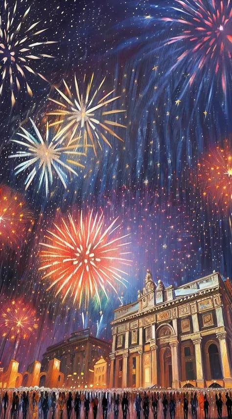 (Painting:1.3) of (Realistic:1.3),(Happy:1.3) textured oil painting of (fireworks:1.5) at dusk in (Saint Peters Square:1.5),(by Artist Leonid Afremov:1.3),(Mingei:1.3),(Colorful:1.3),propaganda poster,soviet poster,sovietwave