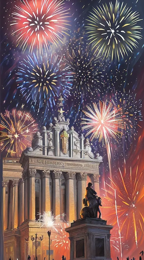 (painting:1.3) of (realistic:1.3),(happy:1.3) textured oil painting of (fireworks:1.5) at dusk in (saint peter's square:1.5),(by...