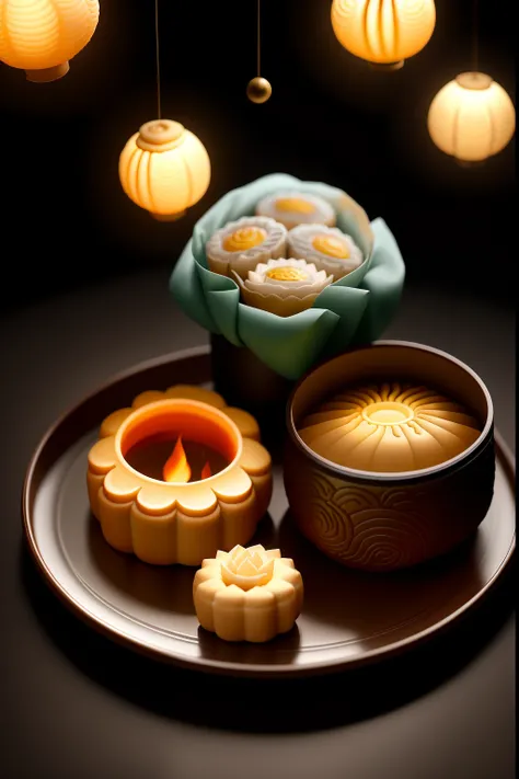 clew：A photo full of Mid-Autumn Festival atmosphere，It shows delicious mooncakes and a bright moon。in the photo，A plate of beautiful mooncakes is placed in a traditional mooncake box，The surface of the mooncake is painted with delicate patterns and pattern...