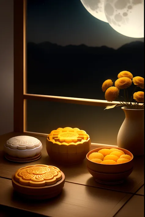 clew：A photo full of Mid-Autumn Festival atmosphere，It shows delicious mooncakes and a bright moon。in the photo，A plate of beautiful mooncakes is placed in a traditional mooncake box，The surface of the mooncake is painted with delicate patterns and pattern...