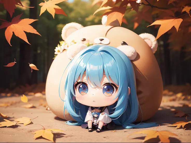 Chibichara　long hair with blue hair((Chibi Chara))、Fluffy、girl with、Chibi Chara、full body Esbian、Pastel colors hair、masutepiece、top-quality、Background of autumn leaves、Cute bears are also with us。