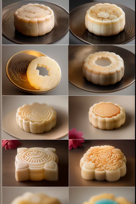 clew：A photo full of Mid-Autumn Festival atmosphere，It shows delicious mooncakes and a bright moon。in the photo，A plate of beautiful mooncakes is placed in a traditional mooncake box，The surface of the mooncake is painted with delicate patterns and pattern...