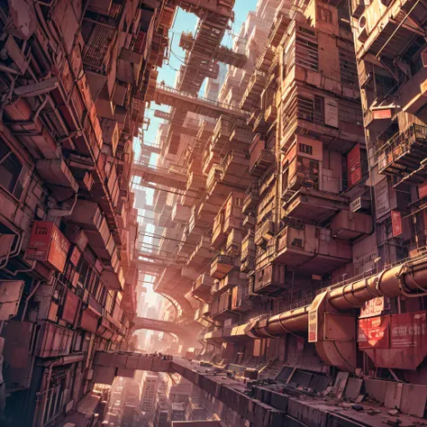 Underground city，psychedelic，Ruined cityscape，Very beautiful，The head is human，a blond，Mechanized girl，gigantic breasts，navel，reaching out，sulking，full body，from below，Masterpiece, high definition, perfect composition, perfect face, perfect body, golden ra...