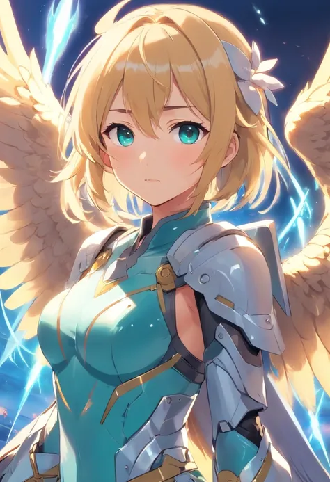 angelicales，teens girl，blond hairbl，Turquoise pupils，Six-winged angel，high and cold，big breasts beautiful，divino，Dignified，Royal Sister，with a round face，holding a large sword，Metal armor，chies