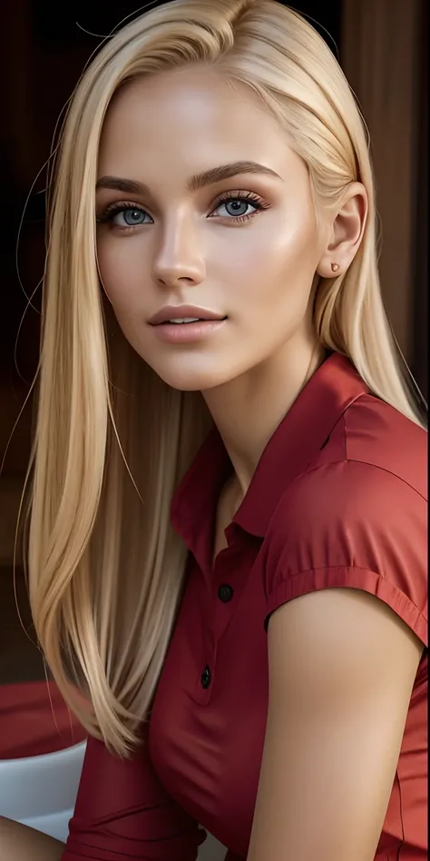 RAW photo, portrait of a beautiful blonde woman wearing a red shirt (high detailed skin:1.2), 8k uhd, dslr, soft lighting, high quality, film grain, Fujifilm XT3