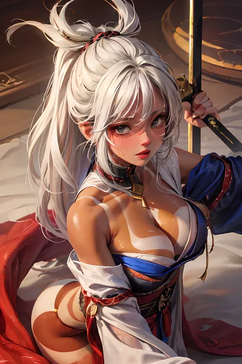 Barefoot woman(30-years old) , (strongly tanned skin:1.7)、 (White hair)、(Samurai style kimono:1.0)、(two swords)、Bare shoulders, Double eyelids, Parted lips,Solo,(cleavage)、delicate and sexy(鎖骨:1.3), (Shiny skin:0.8),(masutepiece:1.4),(Best Quality:1.4),glo...